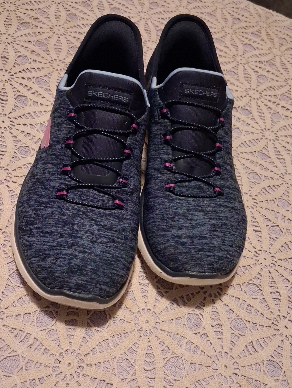 Skechers Women's Charcoal Knit Slip-On Trainers with Pink Accents